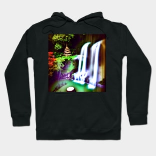 Stunning image of a waterfall and colorful garden next to a temple. Hoodie